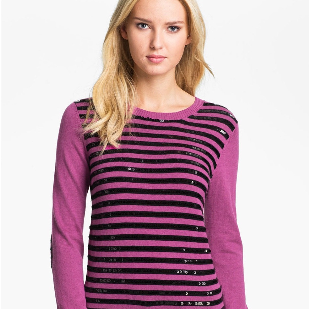Michael Kors Sequin Stripe Pink Black Sweater